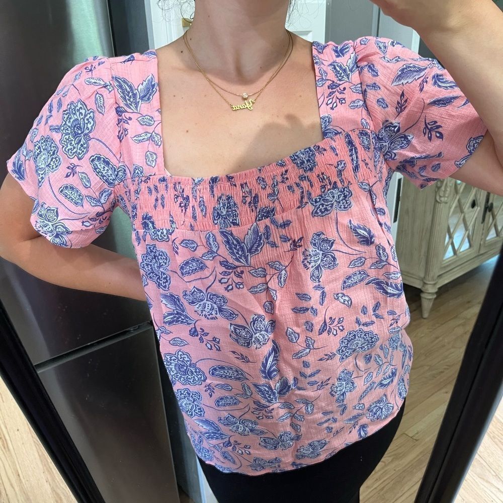 Zac & Rachel Short Sleeve Blouse Top Square Neck Pink and Blue Size Small